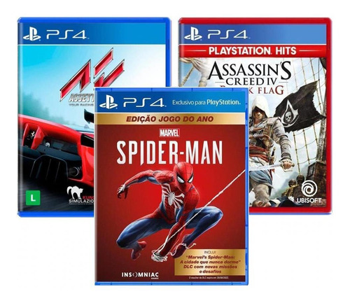 Kit Jogos Ps4 Spider Man, Assetto Corsa, Assassins Creed Iv